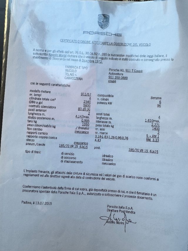 Porsche 911 CARRERA 2.4 T KM 56000/IBOOK SERVICES/UNICA!, del 1973, 56.000 km, in vendita a Torino (TO)